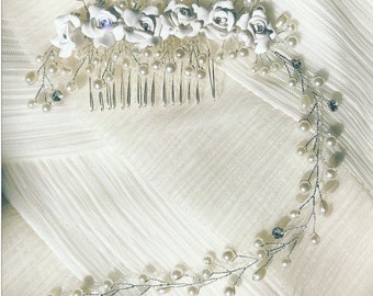 Peine de novia, marfil plateado y blanco con perlas vid de pelo, peine nupcial, peine de boda, postizo nupcial, postizo de perla, cabello perlado