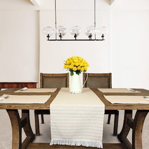 Chevron Farmhouse Table Runner – 14 x 72-inch Fringe Rustic Table Mat – Traditional Vintage Tabletop Cover – in Black, Blue and Beige