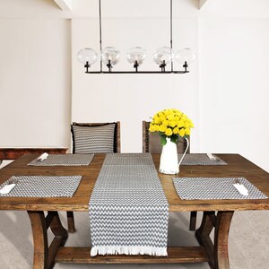 Chevron Farmhouse Table Runner – 14 x 72-inch Fringe Rustic Table Mat – Traditional Vintage Tabletop Cover – in Black, Blue and Beige