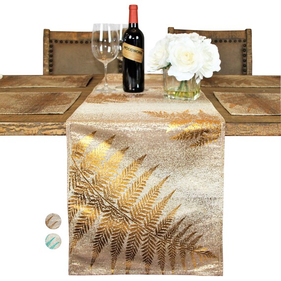 Holidays Metallic Yarn Gold Green Table Runner, 15 x 108 Inch Table Runner for Dining Table, Modern Foil Leaf Design, Ideal for Holidays