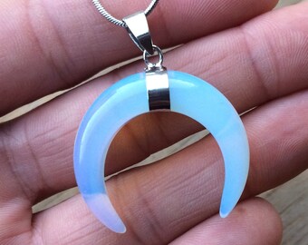 Opalite crescent Moon Horn pendant necklace crystal genuine stone strength protection feminine sensual healing sacred gift love friendship