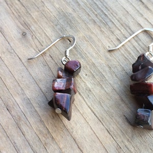 Red Tiger&#39;s eye silver crystal gemstone chip dangle hook earrings protection grounding confidence self-esteem gift love friendship hand made