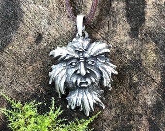 Green man Pendant spiritual Pewter silver unique adjustable faux leather nature healing protection druid pagan gift love friendship