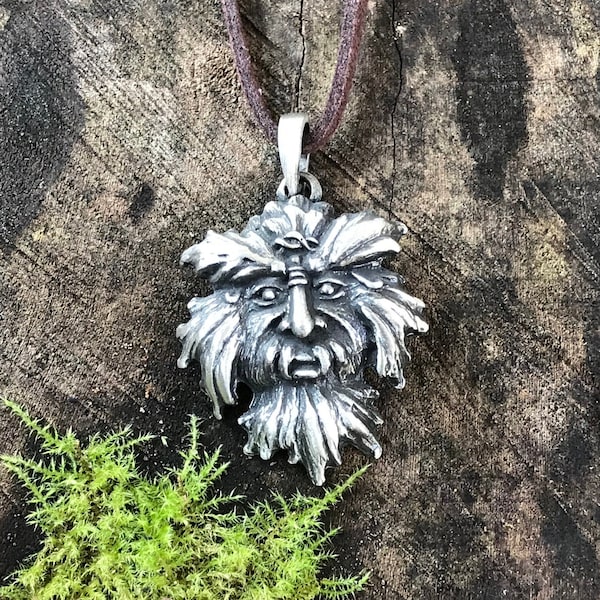 Green man Pendant spiritual Pewter silver unique adjustable faux leather nature healing protection druid pagan gift love friendship