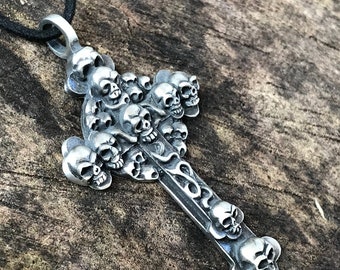 Multi Skull Cross Pendant Celtic Goth rock punk alternative spiritual Pewter silver unique adjustable faux leather gift love friendship