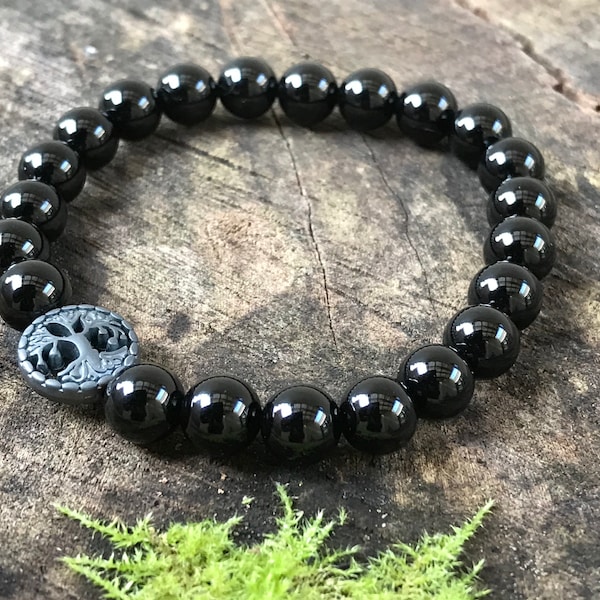 Bracelet Black Onyx Hematite Tree of life Mala Beads Healing protection genuine Stone pagan druid boho mans ladies gift love friendship