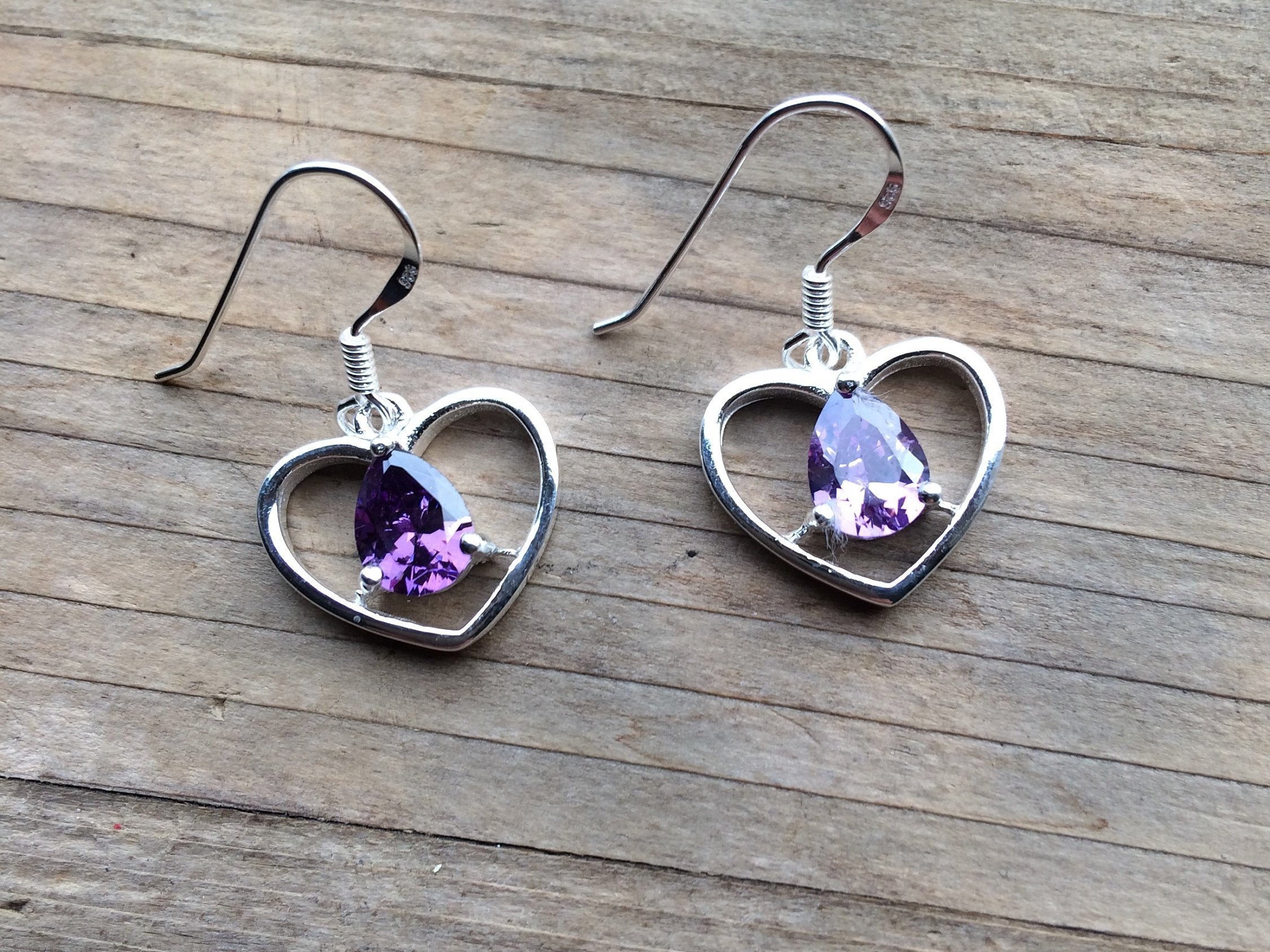SILVER HEART AMETHYST stone 925 silver earrings small | Etsy