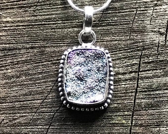 Rainbow aura quartz pendant druzy metal coated large 4cm long square Indian silver protection knowledge security gift love friendship