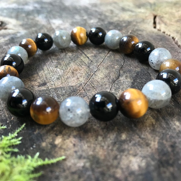 Bracelet triple protection multi stone beads tiger eye silver and black agate talisman pagan druid healing mans ladies gift love friendship