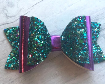 Green purple glitter bow | Metallic purple bow | Mermaid bow