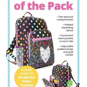 May include: Black backpack with colorful polka dots and a smaller matching backpack with a wolf design. The text "Leader of the Pack" is at the top. Features include two compartments, padded sleeve, mesh pockets, and adjustable straps.