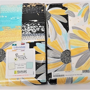 May include: A pack of 40 fabric strips featuring a black and white daisy print with yellow accents. The strips are 2.5 inches wide and 42 inches long. The pack is labelled "Shimmer & Shine Strip-pies" by Benartex, LLC.