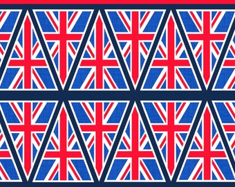 May include: A navy blue background with a repeating pattern of white triangles. Each triangle contains a red, white, and blue Union Jack flag.