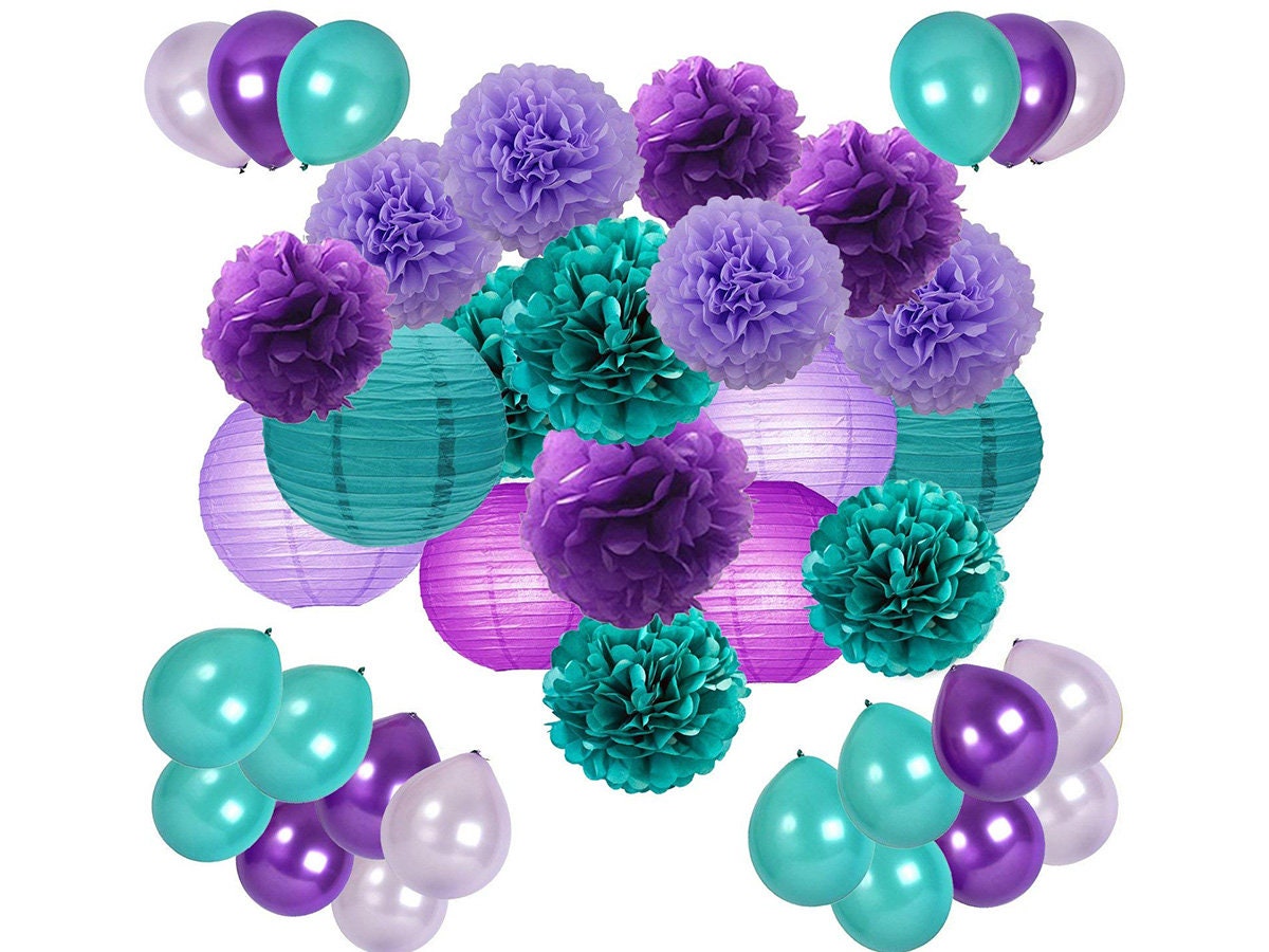 Mermaid Party Decorations 39pcs Teal Lavender Purple Pom Poms Etsy