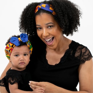 Blue Kente Satin-Lined Headbands| Mom and Baby Headbands| African Print Satin-Lined Baby Bows| Ankara Print Satin-Lined Hair Accessories