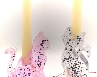 Set Of 2 - Resin Cat Candle Stick Holders, Unique Cat Decor, Cat Lover Gift, Gift For Candle Lover, Mantle Candle Holder, Cat Owner Gift