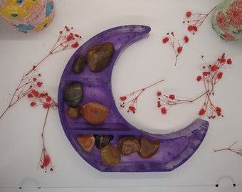 Large Resin Crescent Moon Divided Tray - Rock, Crystal Or Trinket Holder, Crescent Moon Shaped Dish, Purple Catchall Dish, Resin Moon Gift