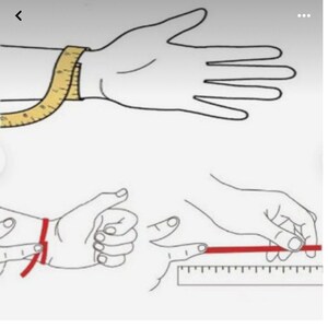 May include: Illustration showing how to measure a wrist and hand for jewelry. A yellow measuring tape is wrapped around a wrist. Other images show how to measure the wrist and hand with a string and ruler. The illustrations are in black and white with red accents.