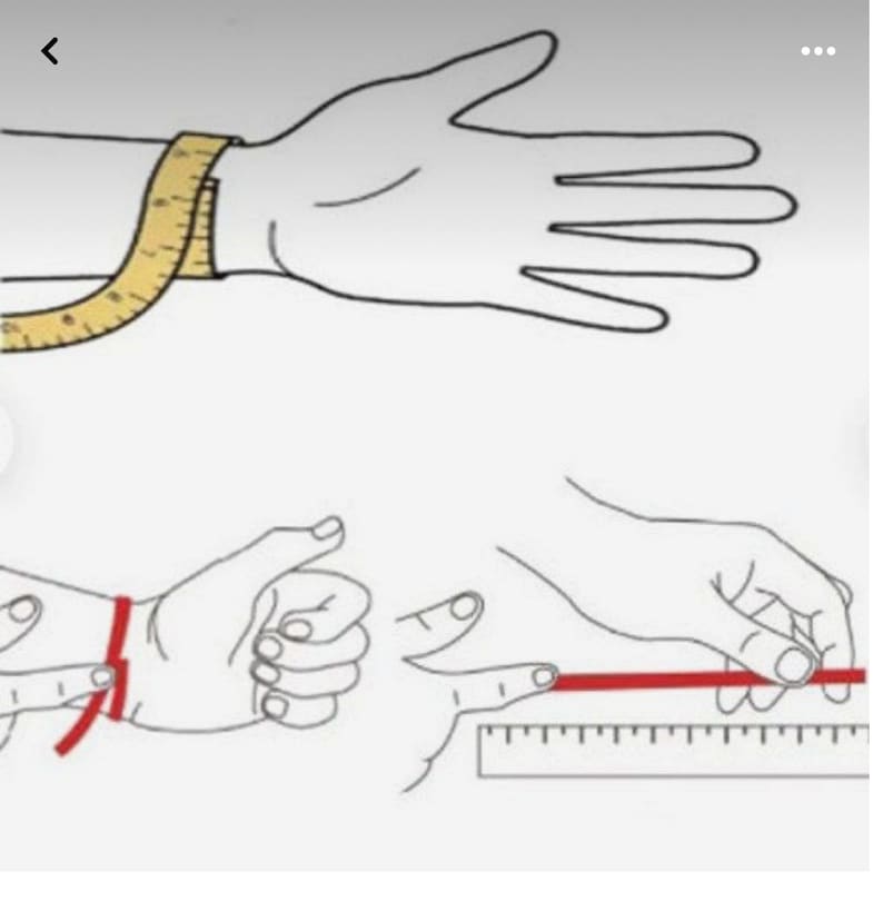 May include: Illustration showing how to measure a wrist and hand for jewelry. A yellow measuring tape is wrapped around a wrist. Other images show how to measure the wrist and hand with a string and ruler. The illustrations are in black and white with red accents.