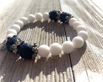 Summer white blue alabaster bracelet,lava beads,forgiveness anti-anxiety,creative healing bracelet,essential oils bracelet,gift for woman