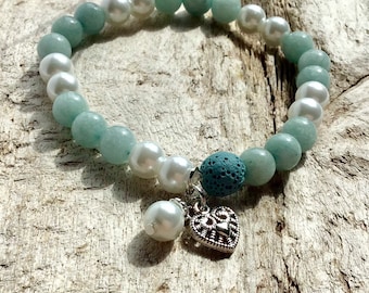 Aquamarine pearl bracelet,healing spiritual chakras bracelet essential oils lava stones bracelet, gift for woman,gemstone bracelet