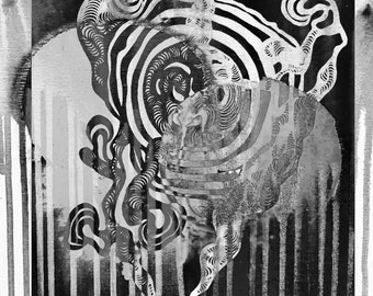 Thought Parade mixed media collage in black and white