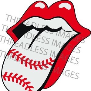 May include: A red and white baseball-themed tongue and lips graphic. The tongue is shaped like a baseball with red stitching.