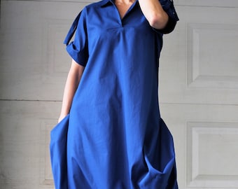 Loose Woman Dress Blue Maxi Dress asymmetrical Long Party Dress Short sleeve Dress Big Pockets Dress Hippie Blue Minimalist Urban Streetwear