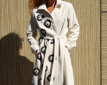 White Elegant and Stylish Coat/ Winter Warm and Modern Coat/ Belted Coat/ Flowerlike Side Applications Coat/ Wool Coat