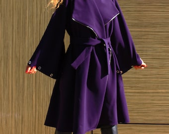 Abrigo morado con cinturón/Abrigo extravagante/Chaqueta asimétrica/Abrigo de lana/Chaqueta holgada larga suelta/Mangas largas/Abrigo maxi extragrande/Talla grande