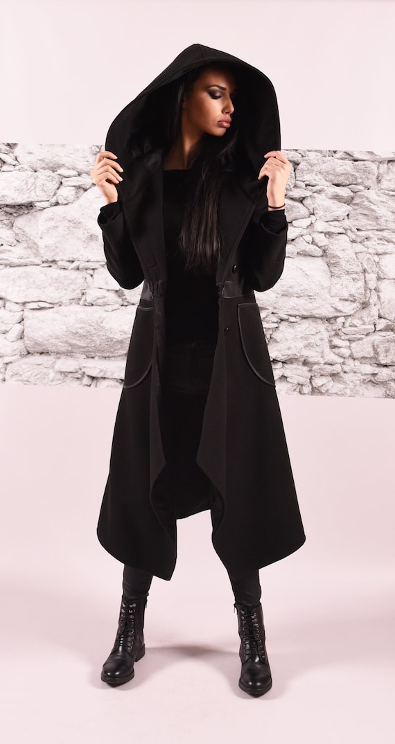 Black Extra Warm Coat Quilted Winter Coat Asymmetric Extravagant Black  Hooded Coat Wool Cashmere Blend Coat Large Coat Long Sleeve Coat 