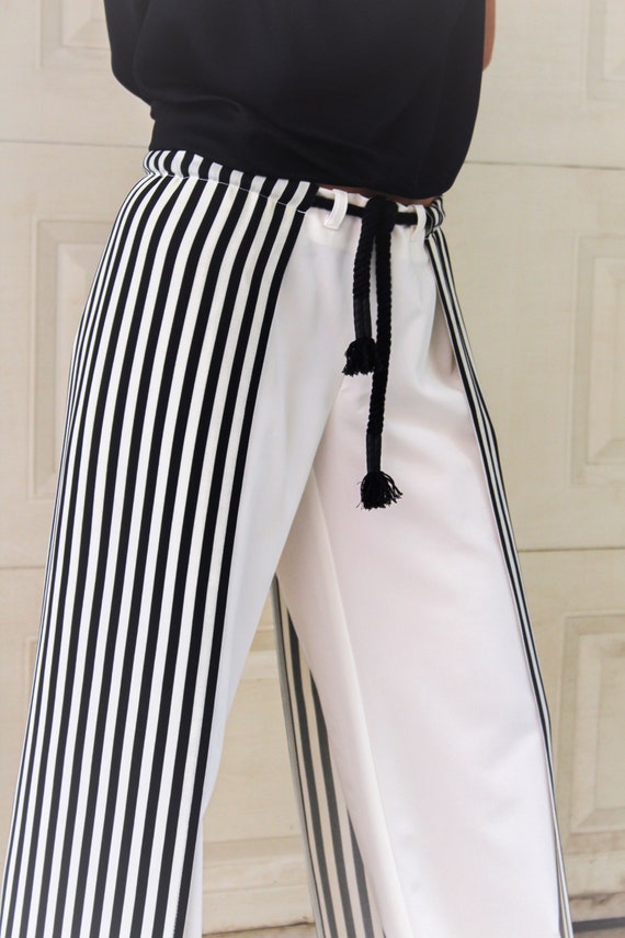 White Black Woman Pants Stripe Trousers Rope Tie Pants Loose Pants