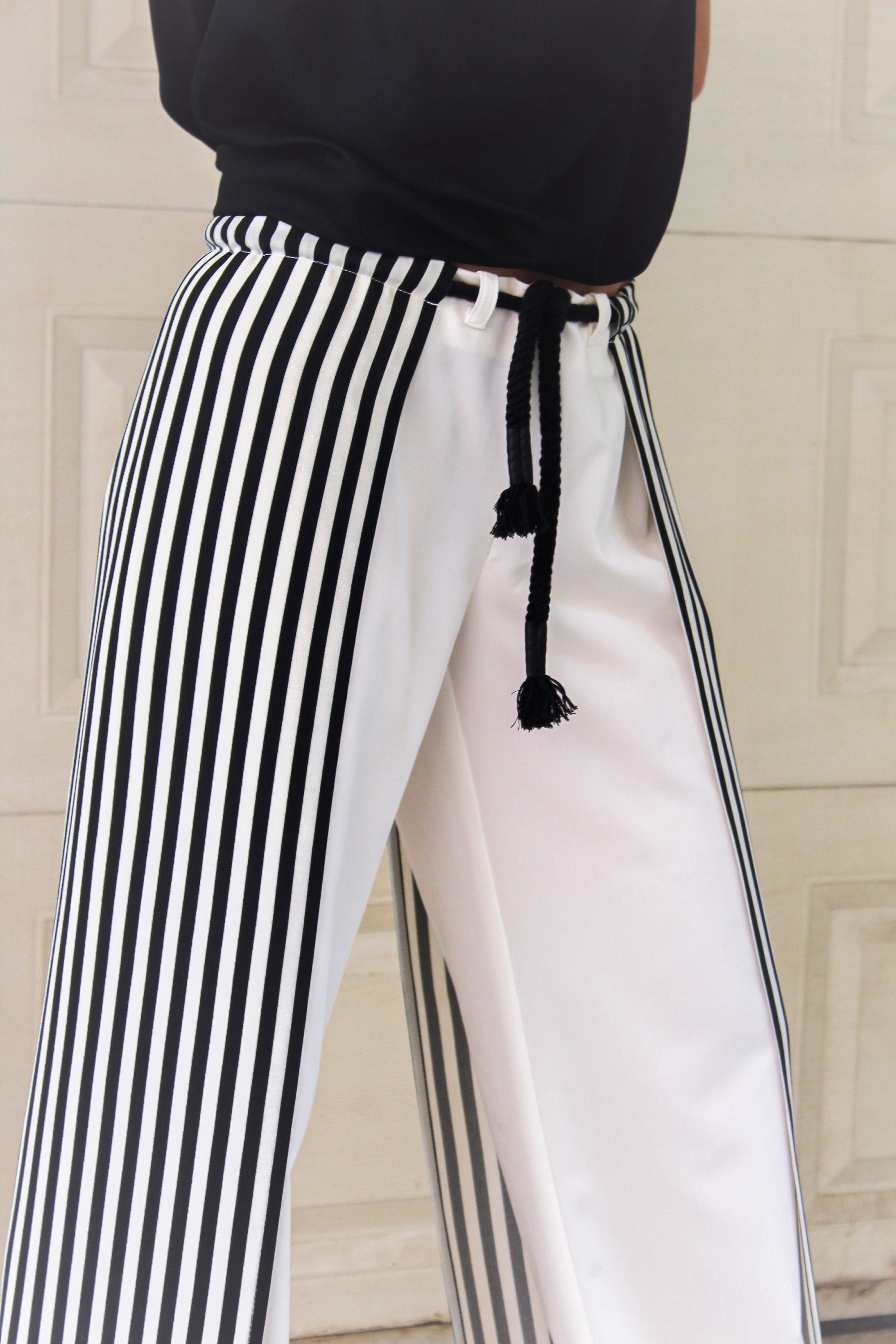 White Black Woman Pants Stripe Trousers Rope Tie Pants Loose Pants Black  White Loose Trousers Business Wear Office Pants Wide Leg Pants Boho 