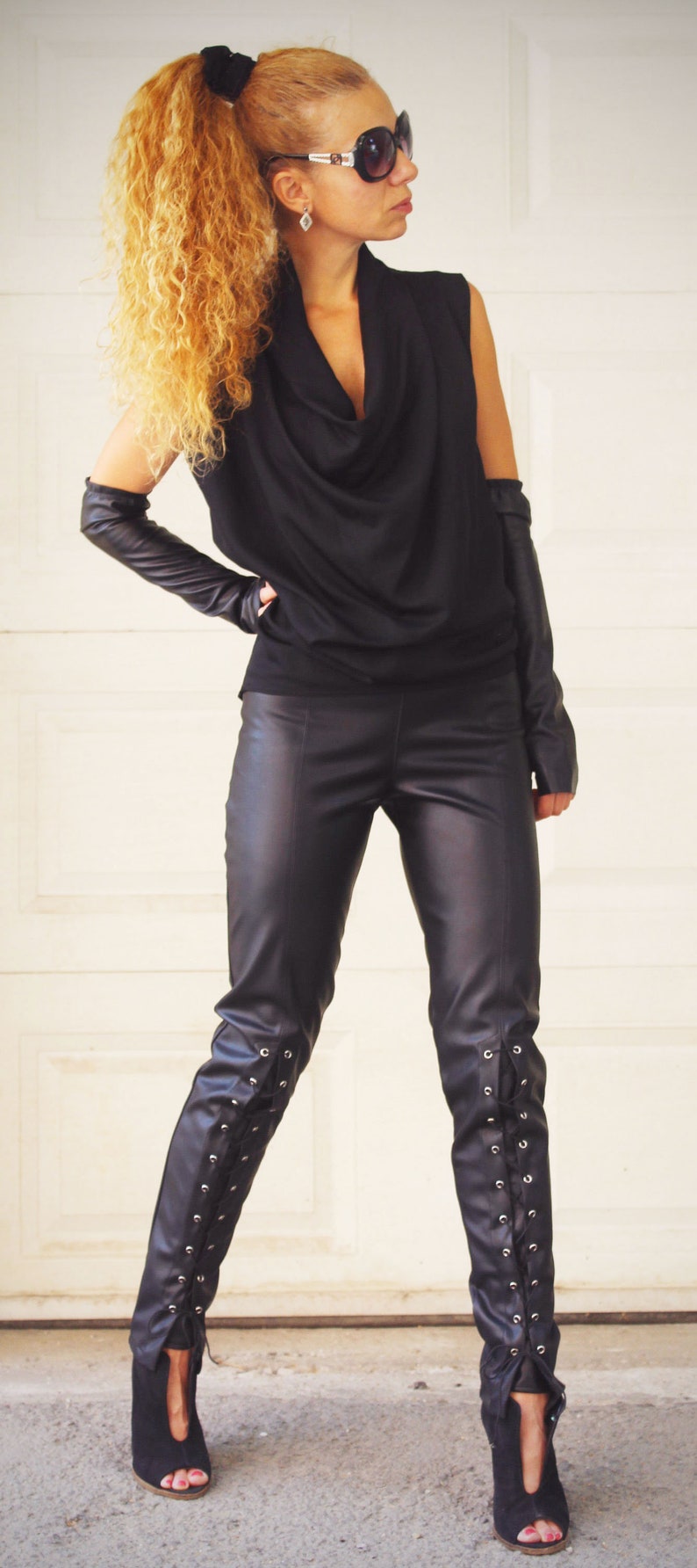 Black Faux Leather Leggings Extra Long Leggings Faux Leather Pants vegan Leggings Black Spring Trousers Modern Urban Streetwear Minimalist