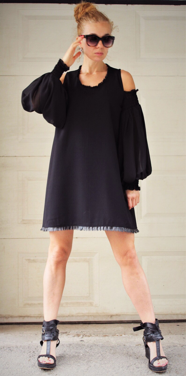 Black Baggy Dress Bare Shoulders Dress Extravagant Dress Loose Sleeve