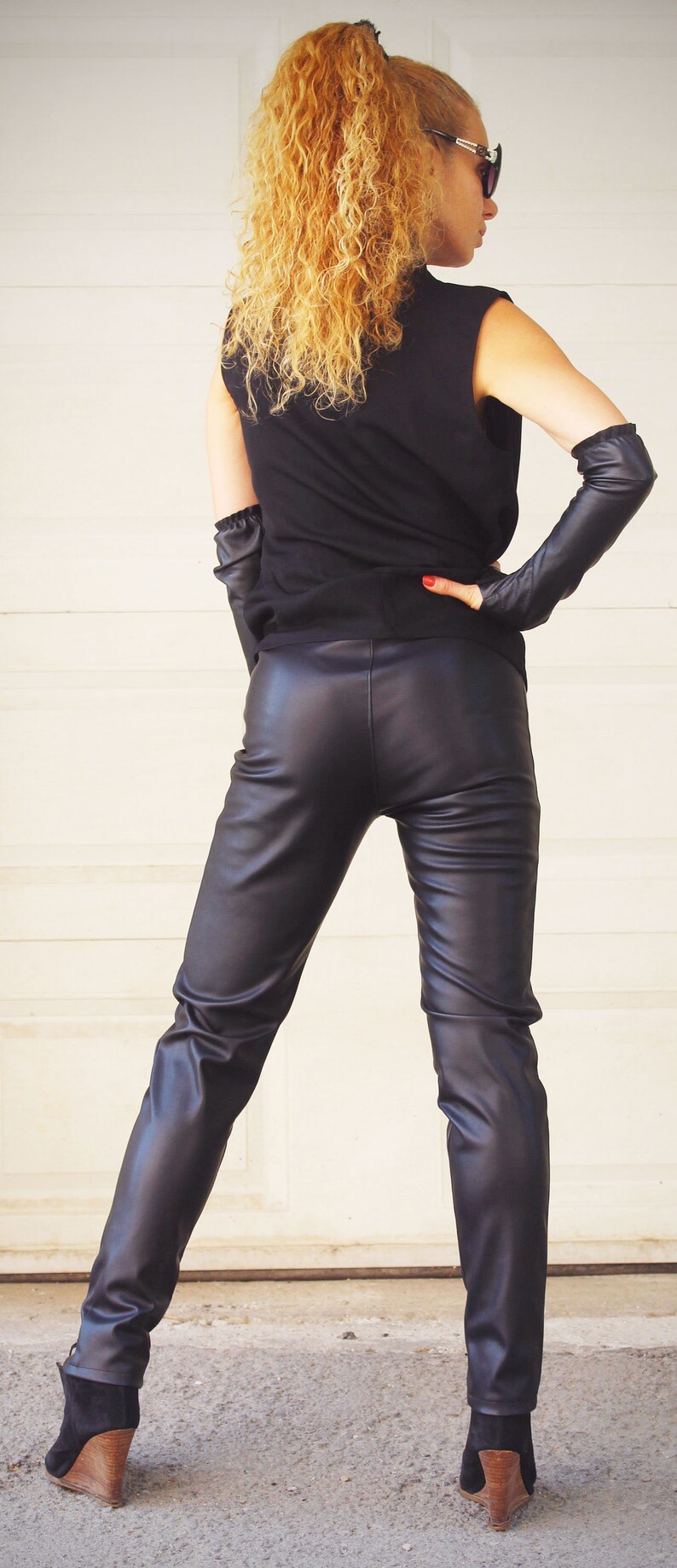 Black Faux Leather Leggings Extra Long Leggings Faux Leather Pants vegan Leggings Black Spring Trousers Modern Urban Streetwear Minimalist