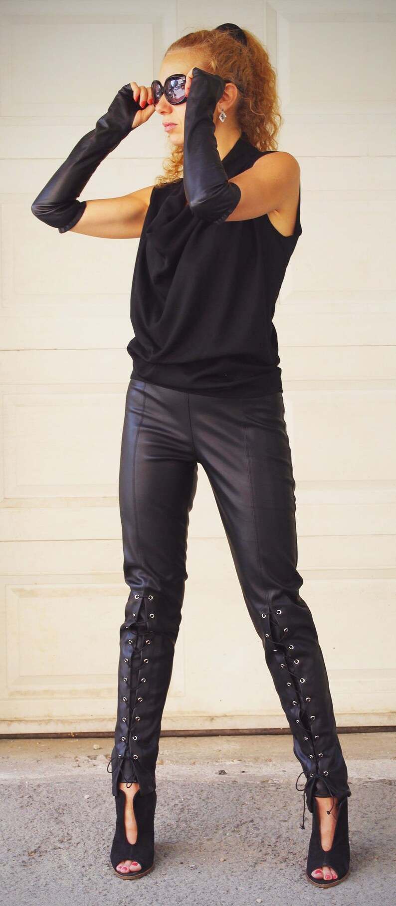 Black Faux Leather Leggings Extra Long Leggings Faux Leather Pants vegan Leggings Black Spring Trousers Modern Urban Streetwear Minimalist