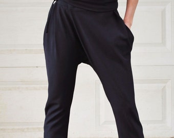 Elegant Black Trousers Woman Spring Summer Pants harem Black Pants Drop Crotch Pants Wrapover Pants Long BlackTrousers Minimalist Belt Pant