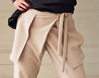 Elegant Beige Trousers Wrapover Pants Long Beige Trousers Office Pants Business Wear Summer Spring Elegant Big pockets Minimalist Urban Pant
