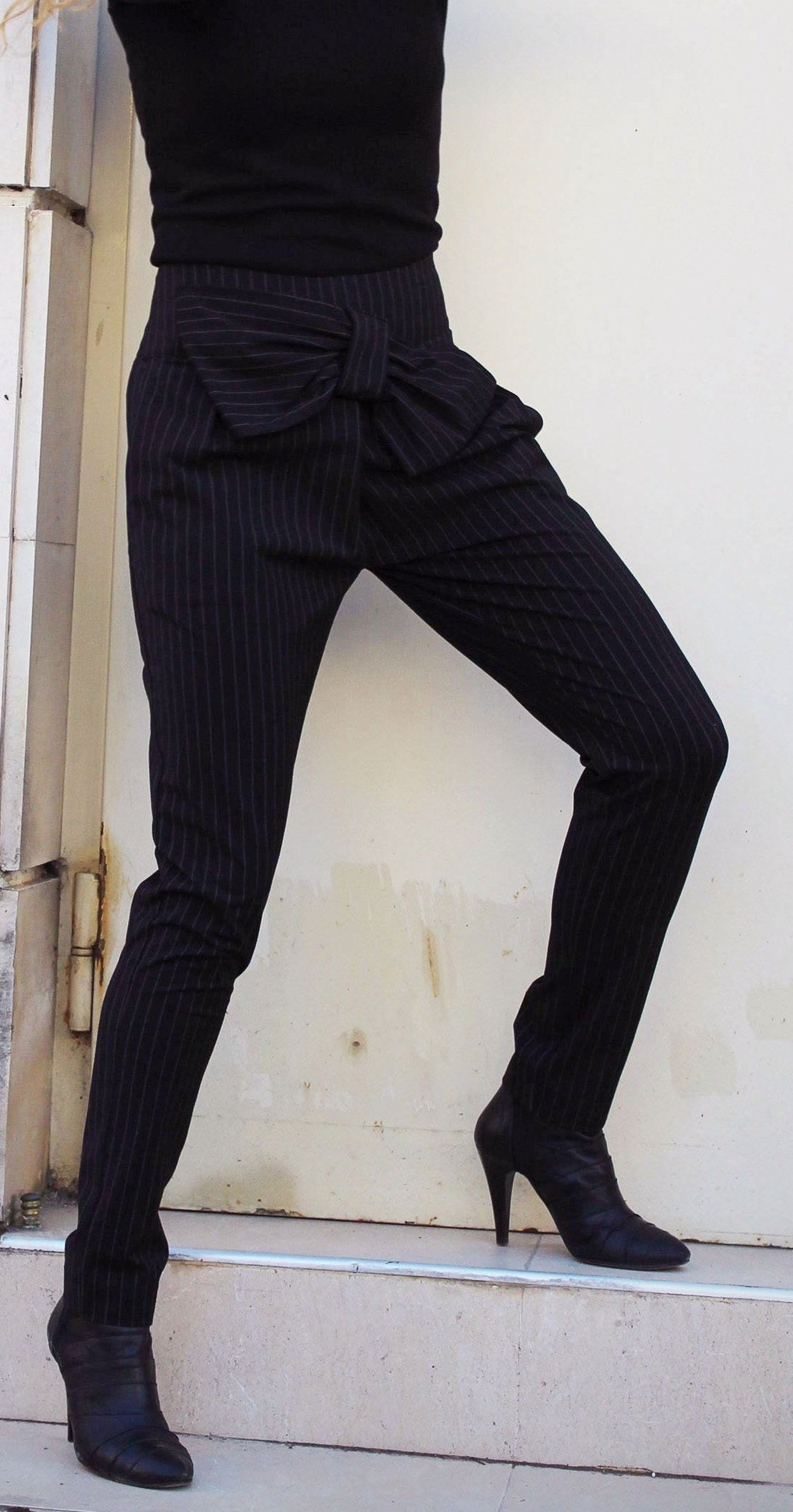 Ribbon Pants Tie Belt Pants Extravagant Black Pants Minimalist Etsy