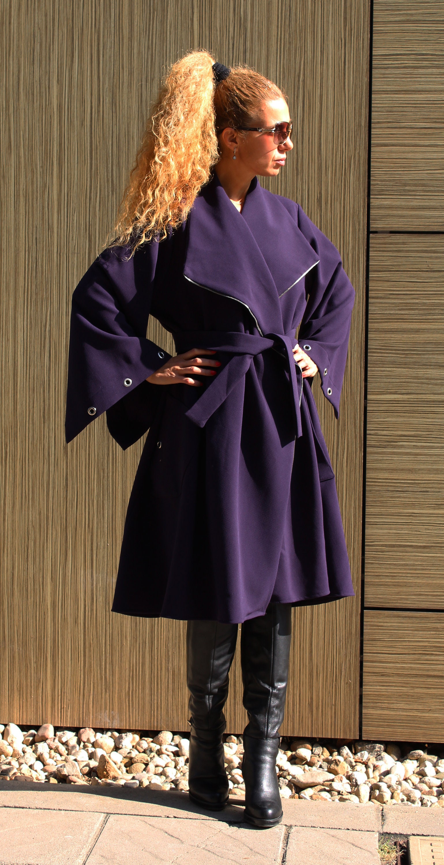 Belted Purple Coat extravagant Coat asymmetrical Jacket wool Coat