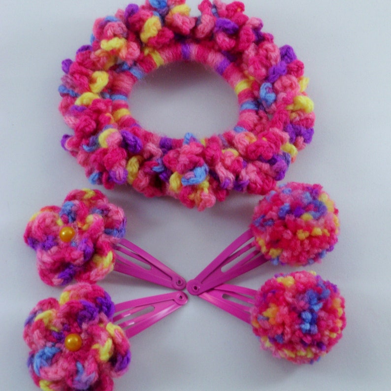 Hair Scrunchies Hair Scrunchie Set Pom Pom Hairclips Flower Hairclips Multi Coloured Hair Scrunchie Crochet Hair Scrunchies Hairclips