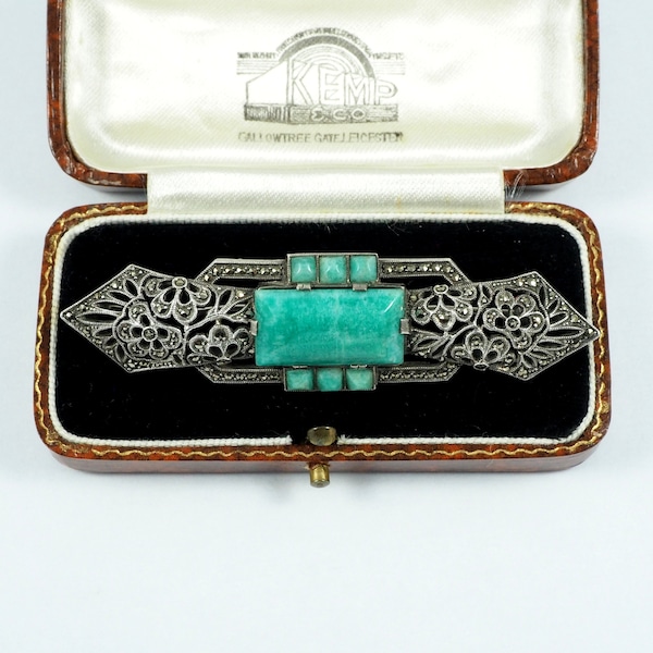 Antique Theodor Fahrner Amazonite, Silver & Marcasite Brooch. German Art Deco from the 1930s.