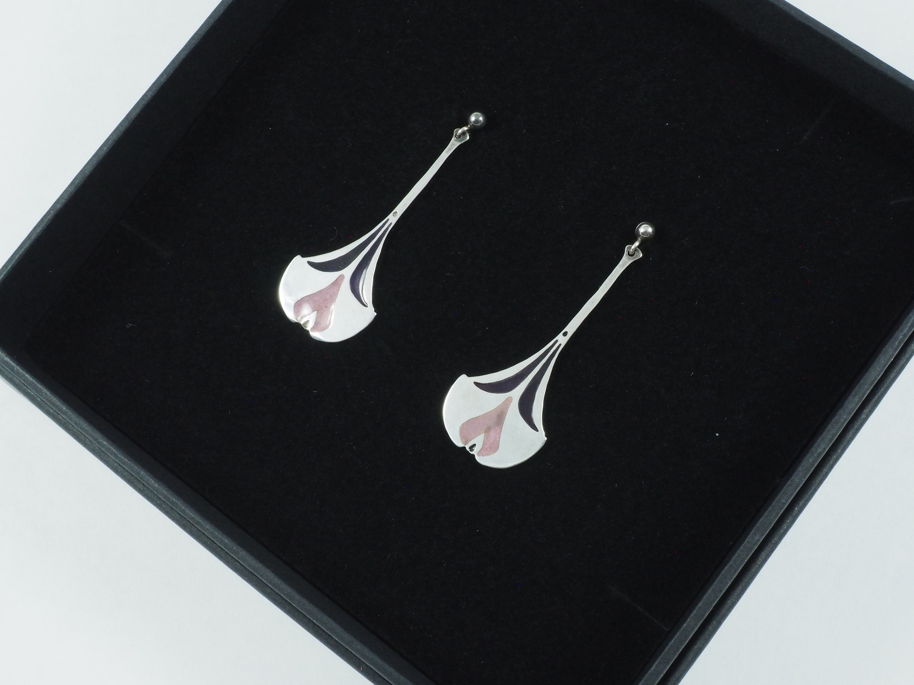 Pat Cheney Art Nouveau Style Enamel & Silver Drop Earrings - From Her 'Original Collection' Dating from the 1970s
