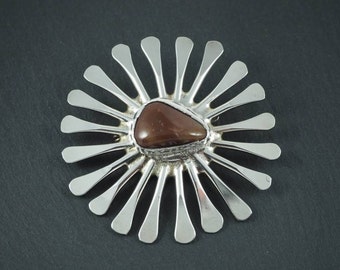 Mid-Century Brutalist Silver Plated Starburst Agate Brooch by Jacob Hull for Buch & Deichmann