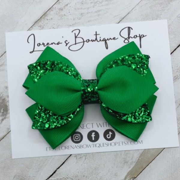 Green Glitter Hair Bow, Layered Hairbow, Hair Accessories