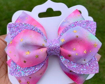 Pastel Rainbow Purple Glitter Hair Bow, Layered Hairbow, Hair Accessories