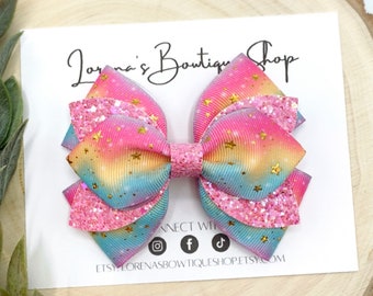 Pastel Rainbow Pink Glitter Hair Bow, Layered Hairbow, Hair Accessories