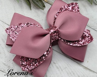 Rosy Mauve Glitter Hair Bow, Layered Hairbow, Hair Accessories