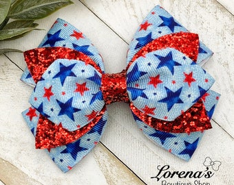 4th of July Star Glitter Hair Bow, Layered Hairbow, Hair Accessories